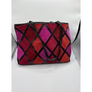 Saks Fifth Avenue Colorblock Argyle Suede Tote Bag Orange Pink Black Made Italy